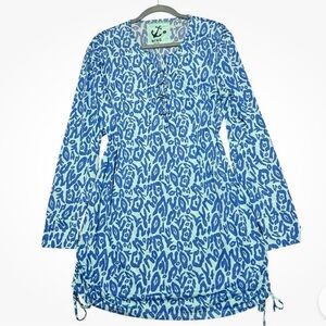 HIHO Blue Leopard Print Womens Swim Cover Up X Small Ruched Sides